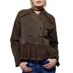 Free People Olive Green Military Army Ruffle Hem Button Jacket Women’s XS